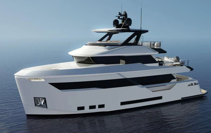 a white yacht with black trim aboard AES NB 067 Yacht for Sale