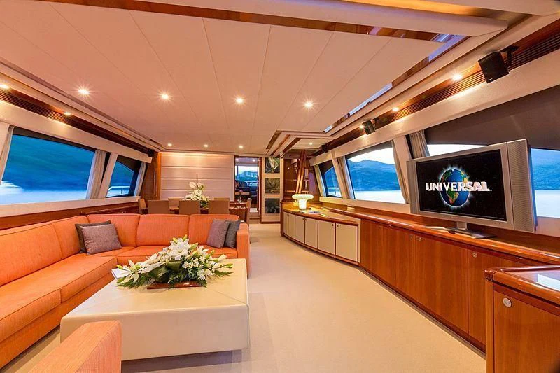 a living room with a large screen aboard MONTICELLO II Yacht for Sale