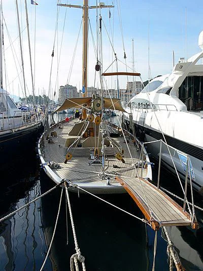 a group of boats are parked in a harbor aboard CAMBRIA Yacht for Sale