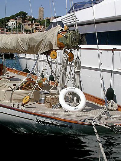 a boat is parked on the water aboard CAMBRIA Yacht for Sale