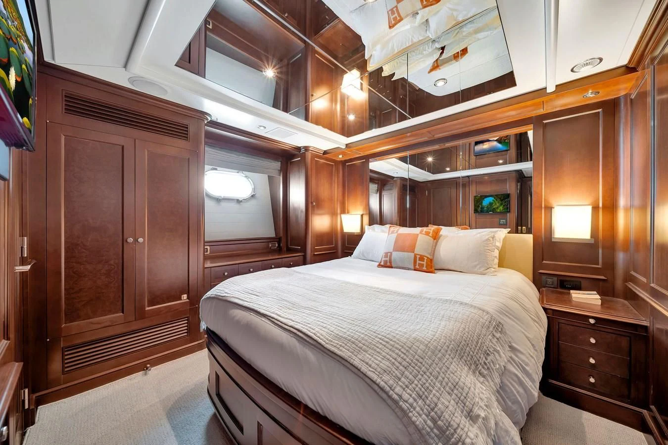 a bed in a room aboard CRISTOBAL Yacht for Charter