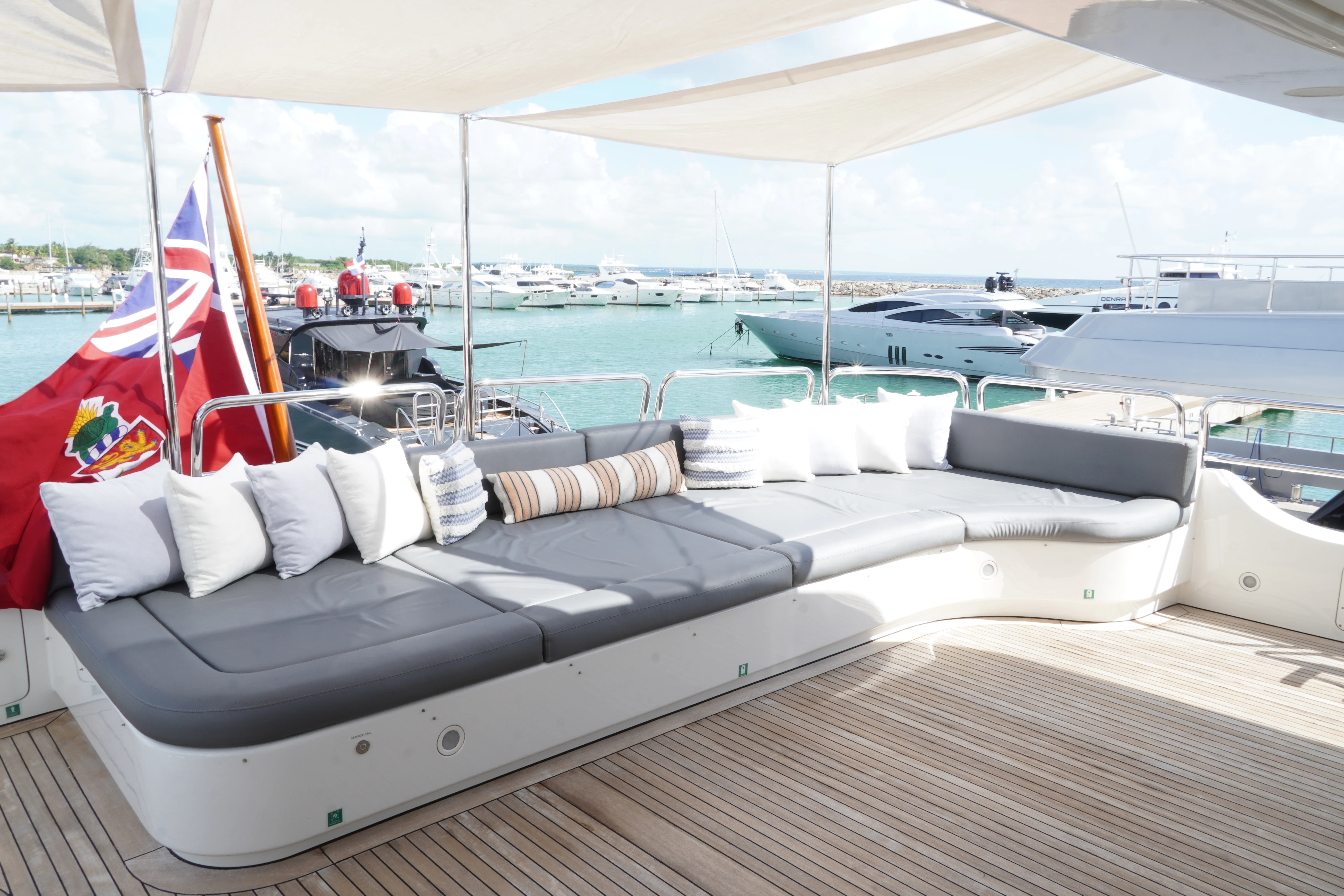 a boat with pillows on the deck aboard CRISTOBAL Yacht for Charter