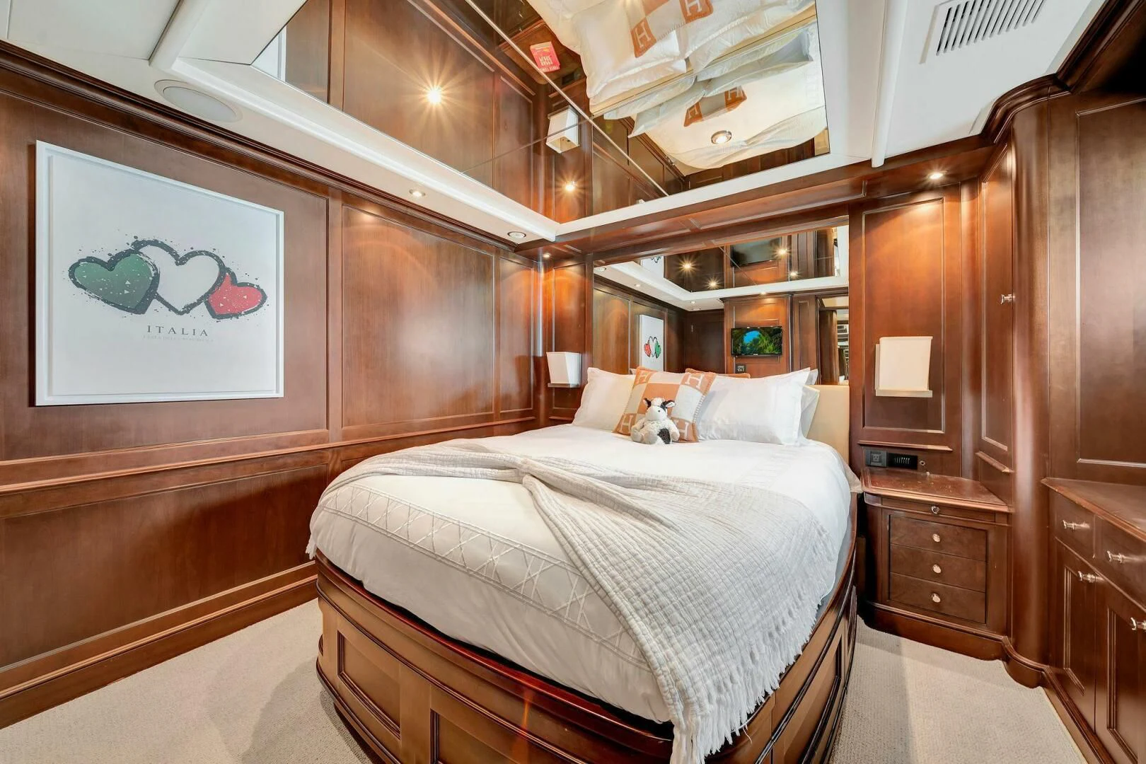 a bed in a room aboard CRISTOBAL Yacht for Charter