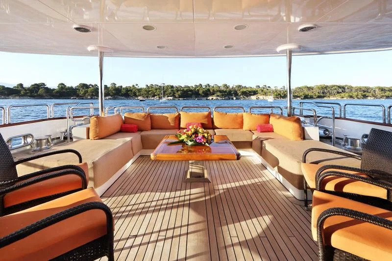 a large room with couches and chairs aboard CODE 8 Yacht for Sale