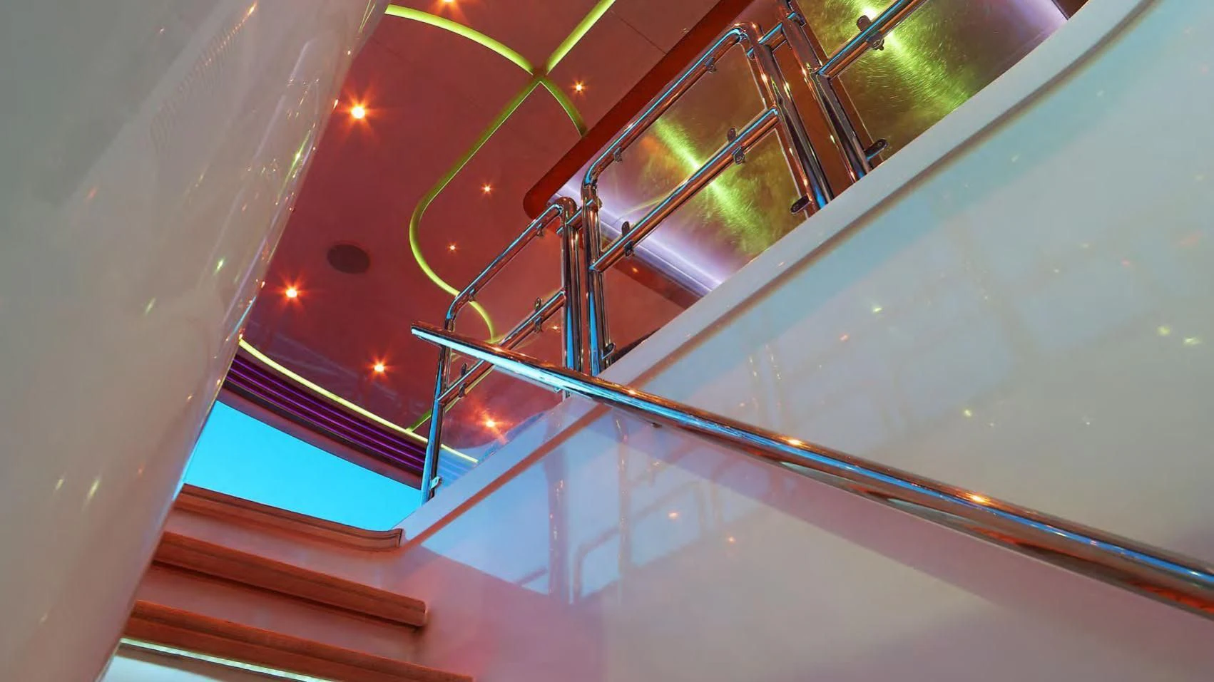 a close-up of a staircase aboard CODE 8 Yacht for Sale