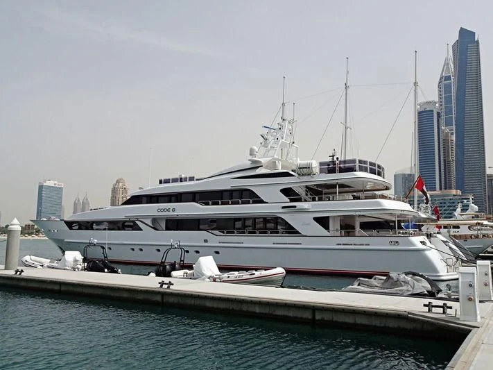 a large white boat in a large body of water aboard CODE 8 Yacht for Sale