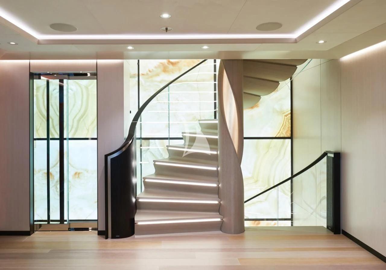 a staircase in a building aboard SYNTHESIS Yacht for Sale