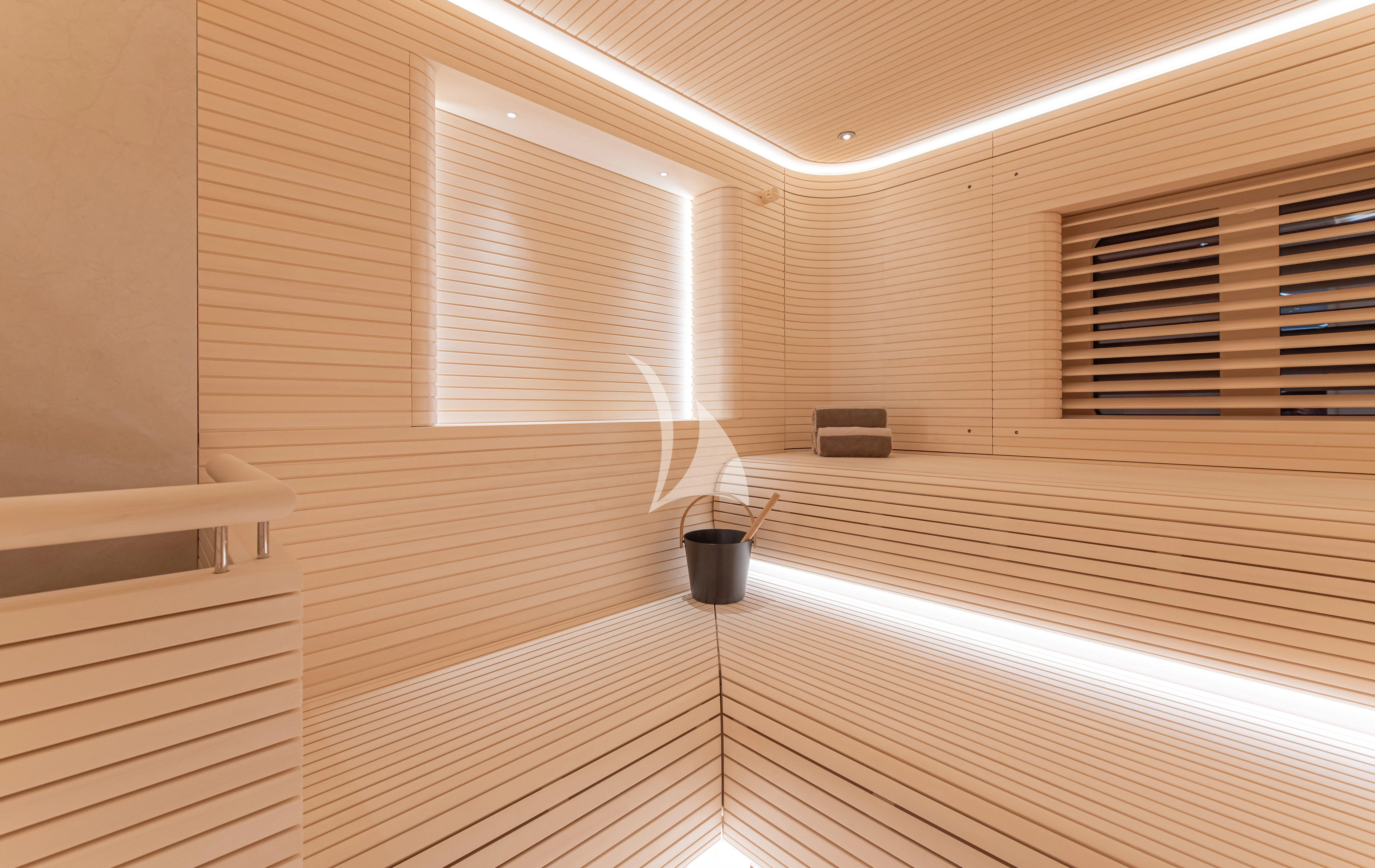 a room with a wood floor and a potted plant aboard SYNTHESIS Yacht for Sale