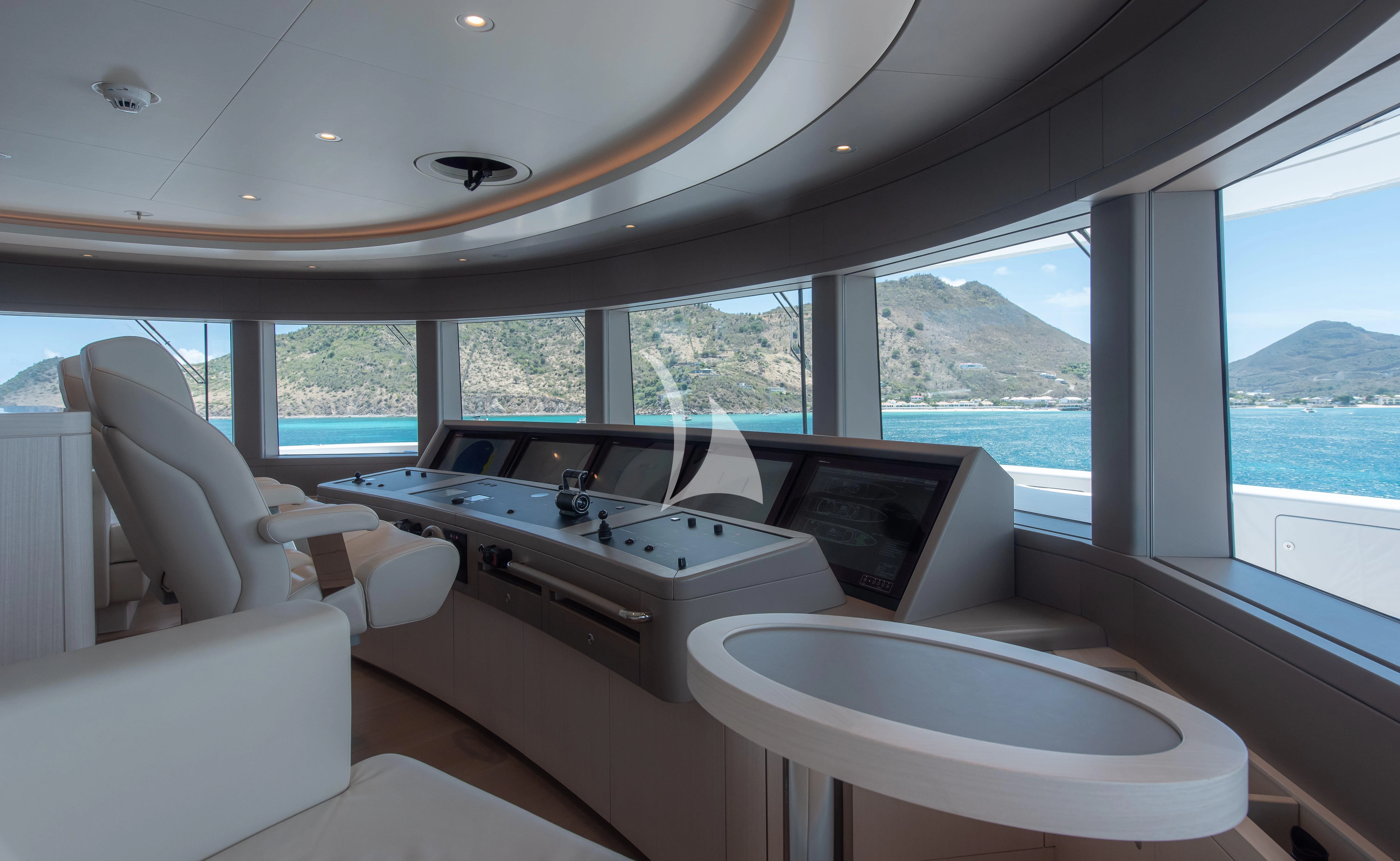 a room with a view of the ocean and the land aboard SYNTHESIS Yacht for Sale