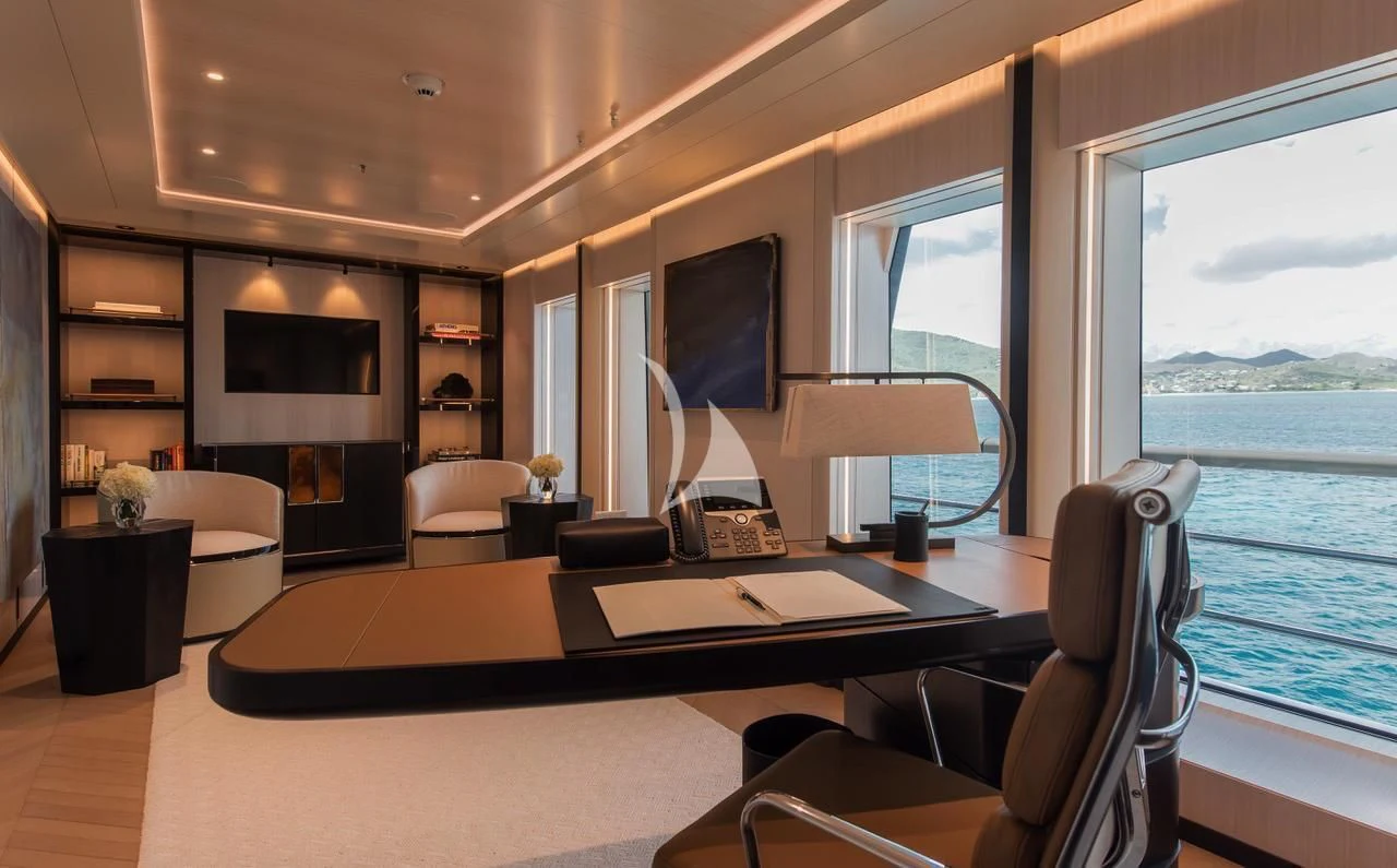 a large modern looking living room aboard SYNTHESIS Yacht for Sale