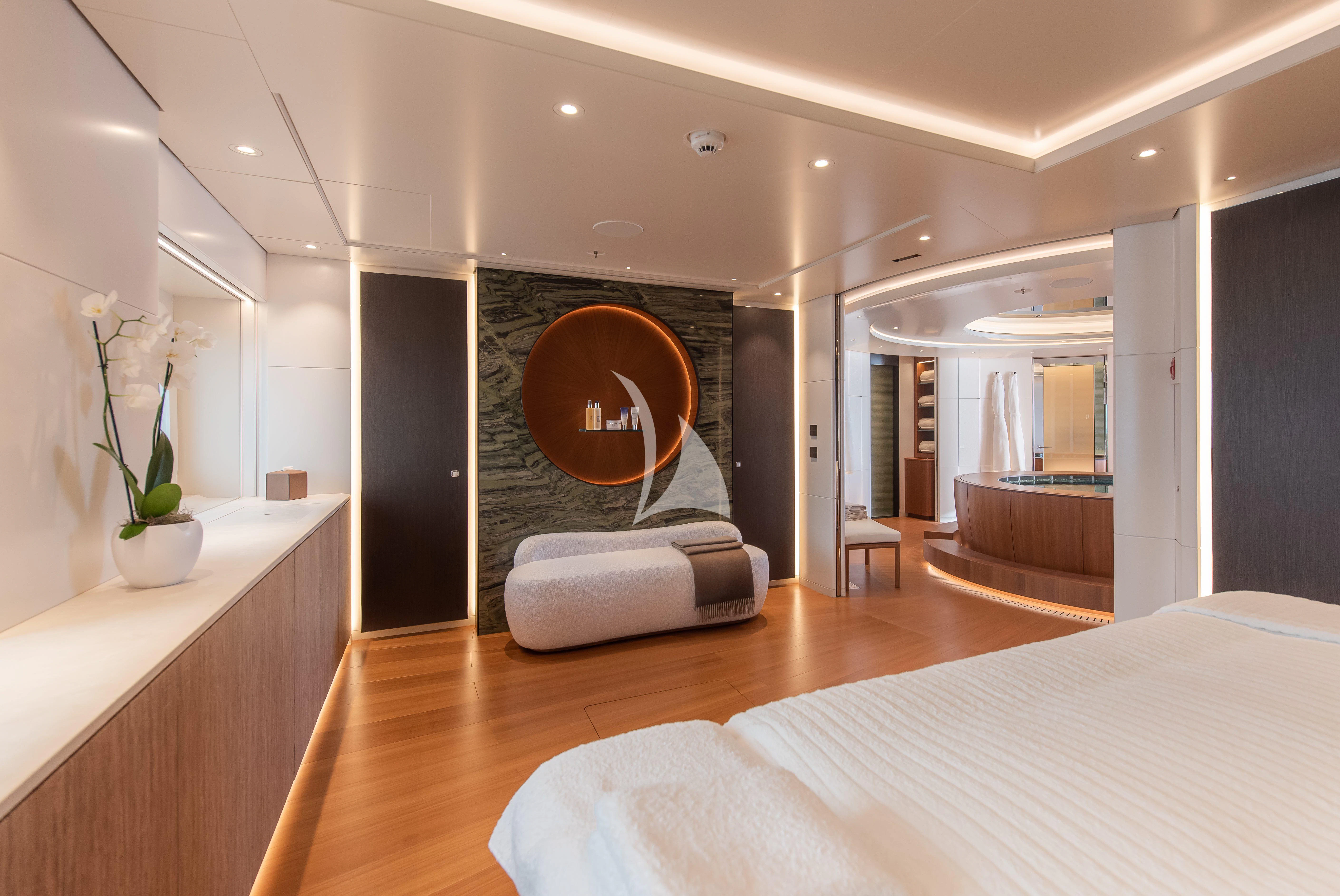 a modern looking living room aboard SYNTHESIS Yacht for Sale