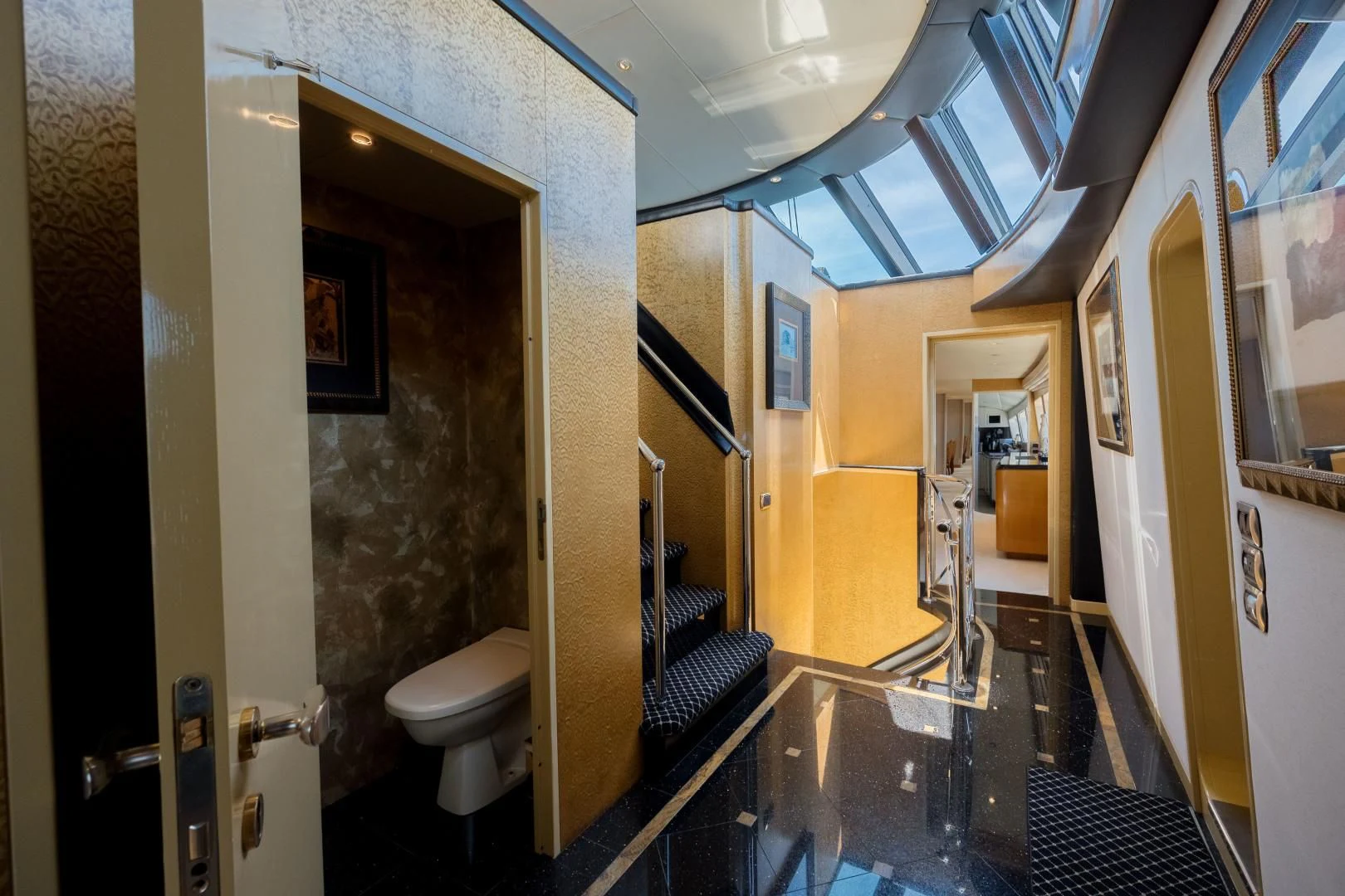 a bathroom with a glass shower aboard DREAM RIDER Yacht for Sale