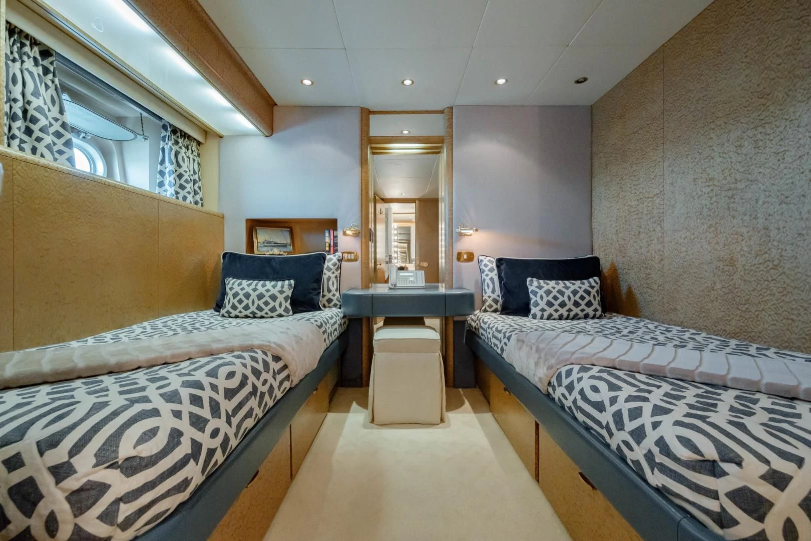 a room with two beds aboard DREAM RIDER Yacht for Sale