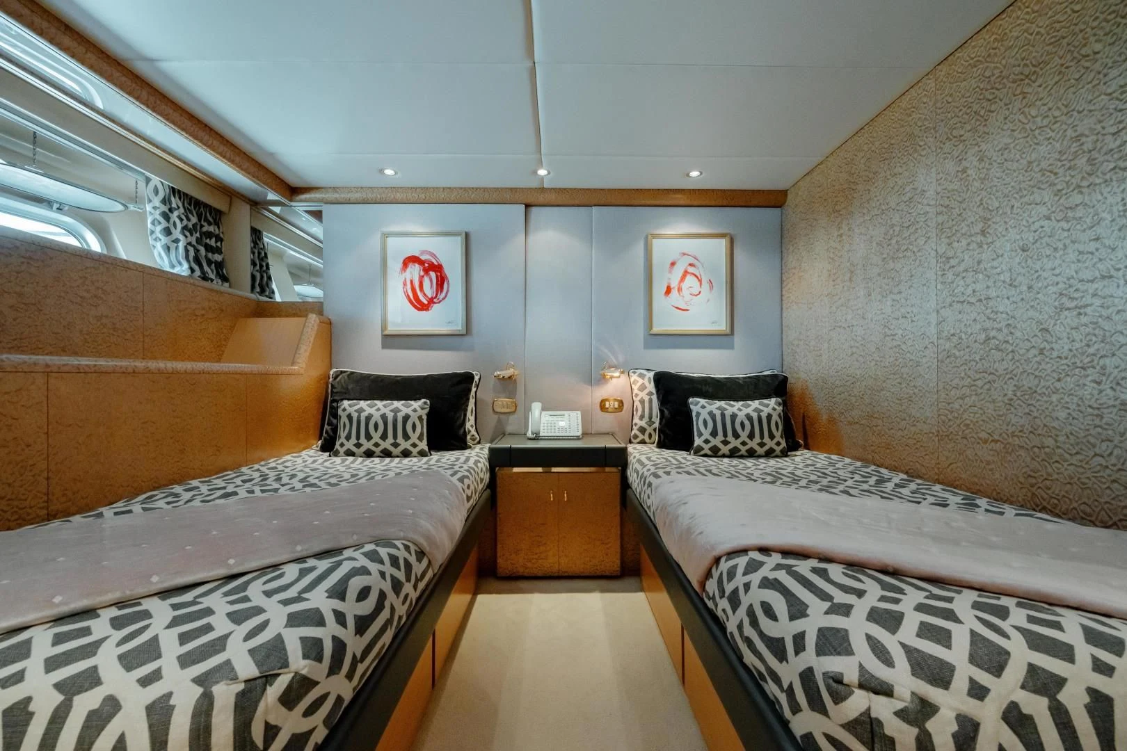 a room with two beds aboard DREAM RIDER Yacht for Sale