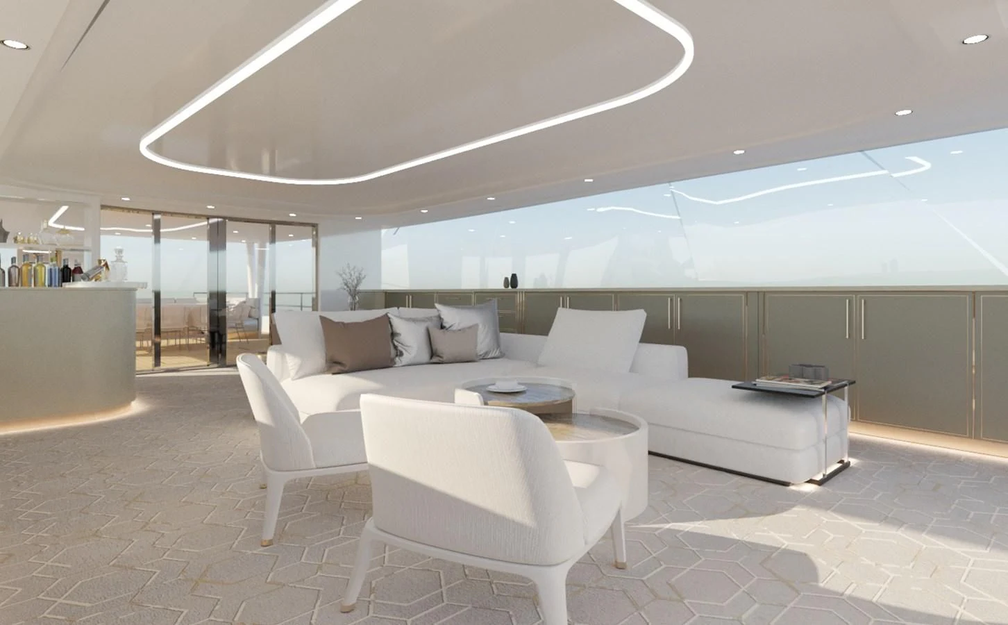 a modern looking living room aboard LION Yacht for Sale