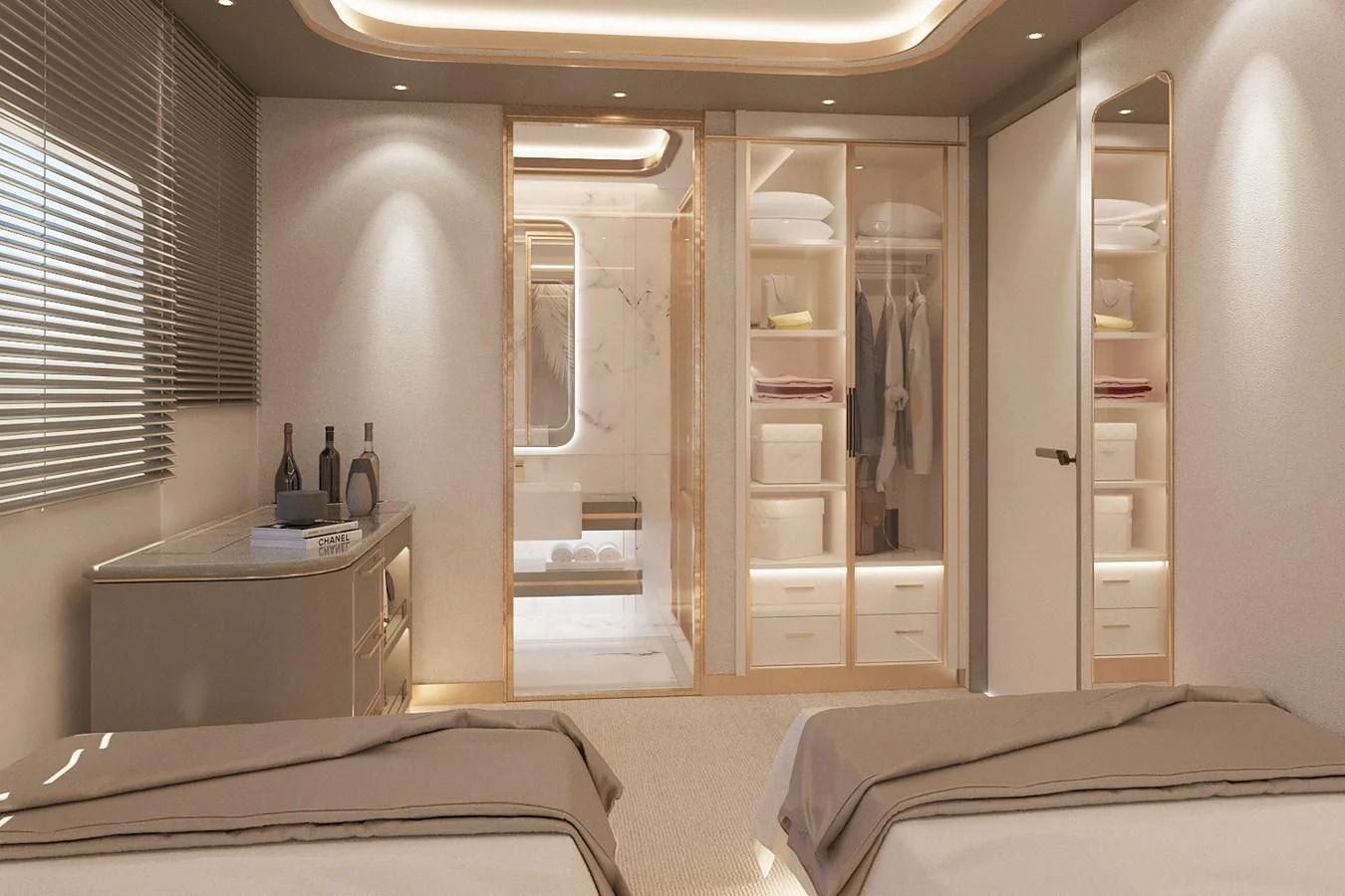 a room with a bed and a closet aboard LION Yacht for Sale