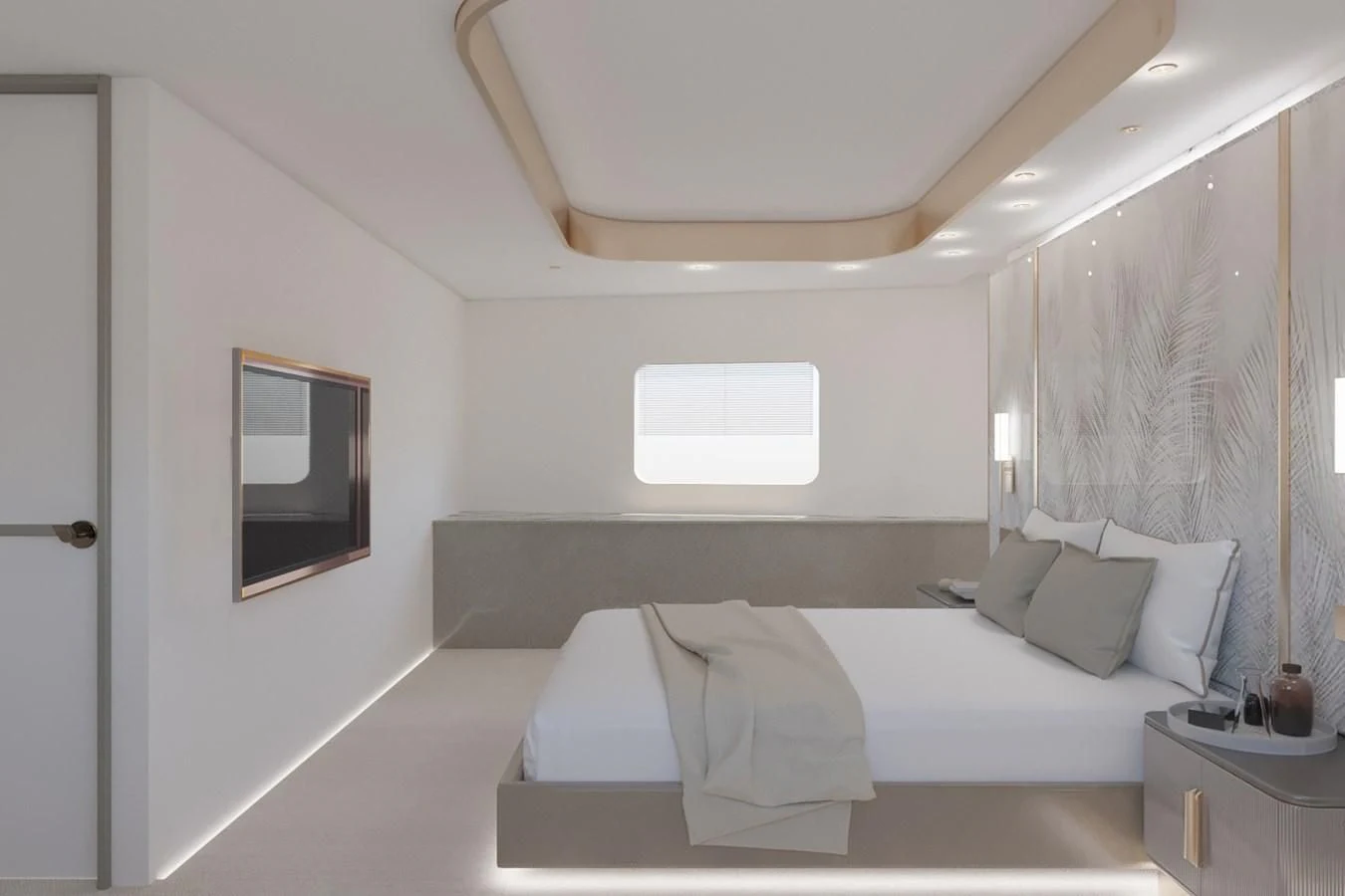 a bedroom with a bed and a mirror aboard LION Yacht for Sale