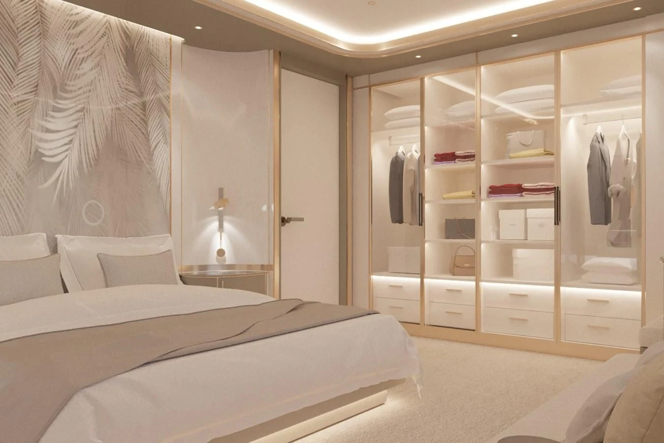 a room with a bed and a shelf with white sheets aboard LION Yacht for Sale