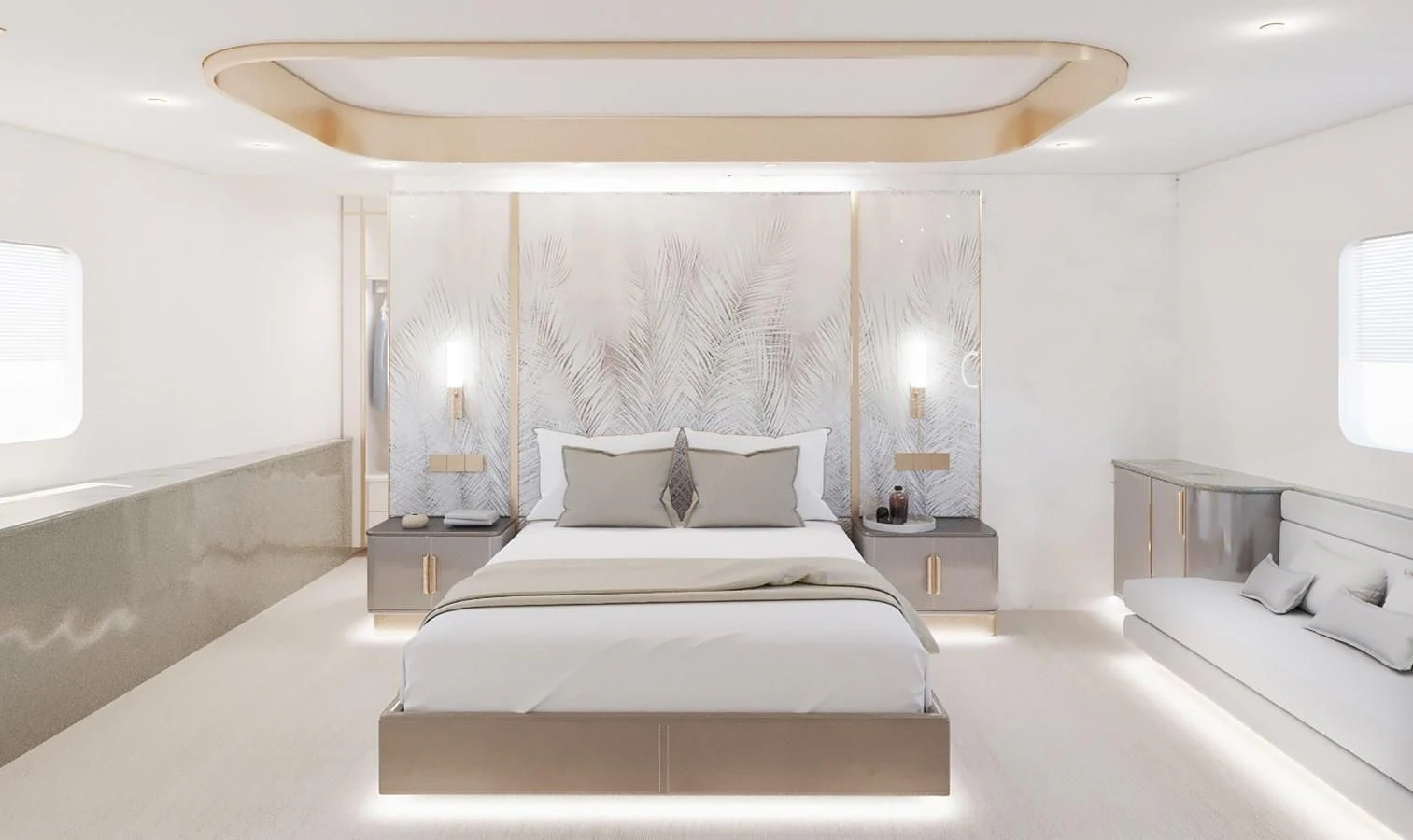 a room with two beds aboard LION Yacht for Sale