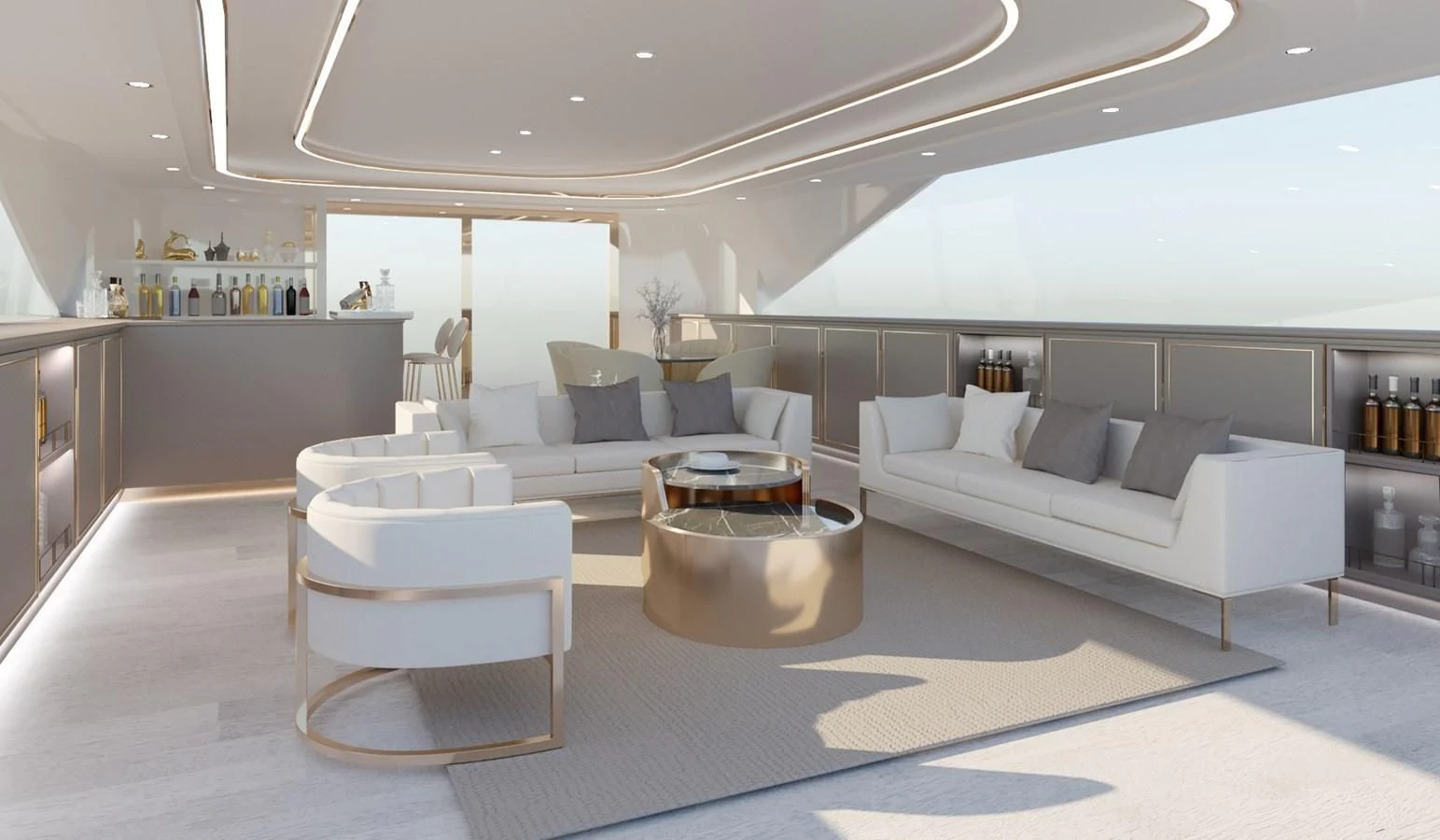 a living room with a couch and a coffee table aboard LION Yacht for Sale