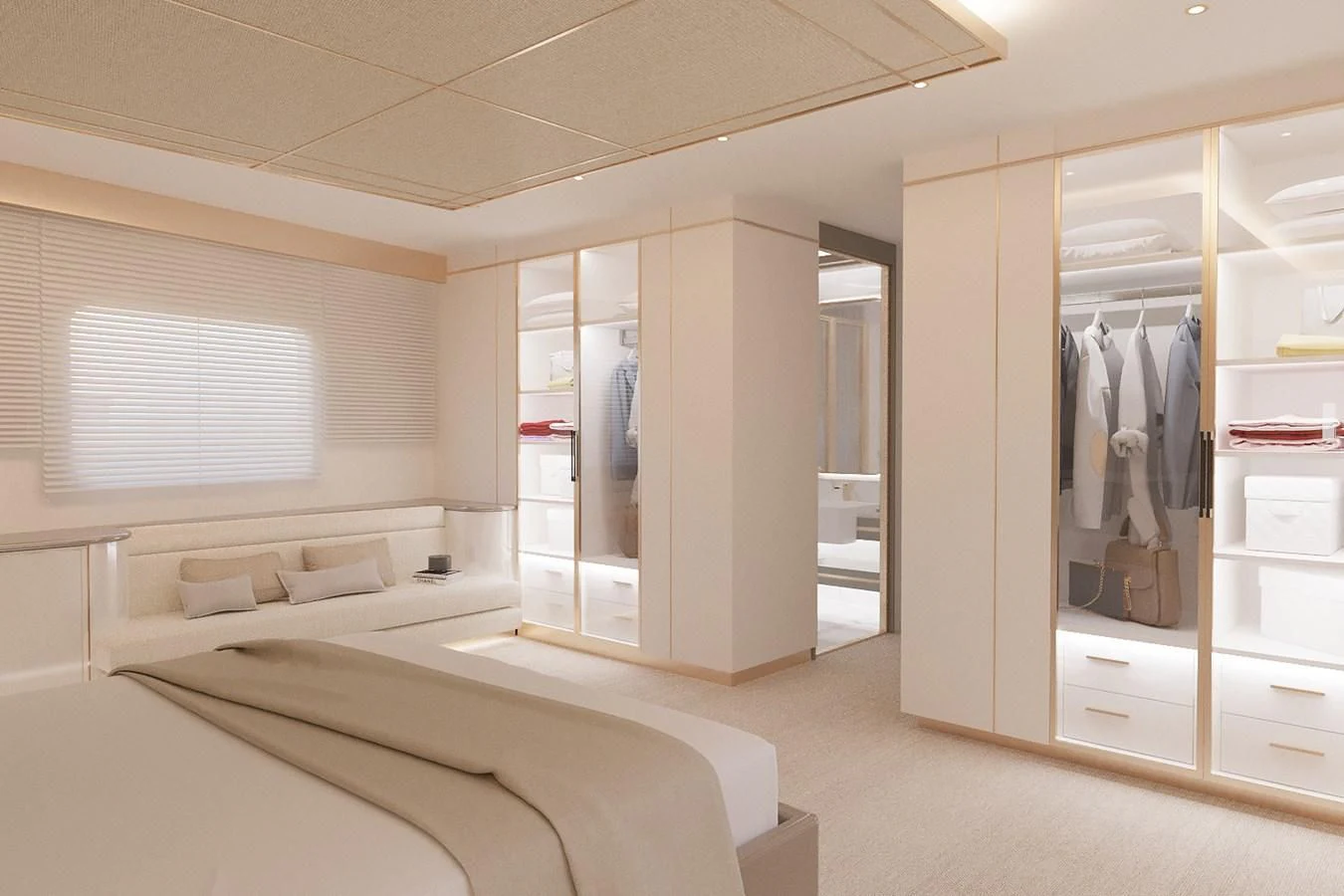 a room with a bed and a mirror aboard LION Yacht for Sale