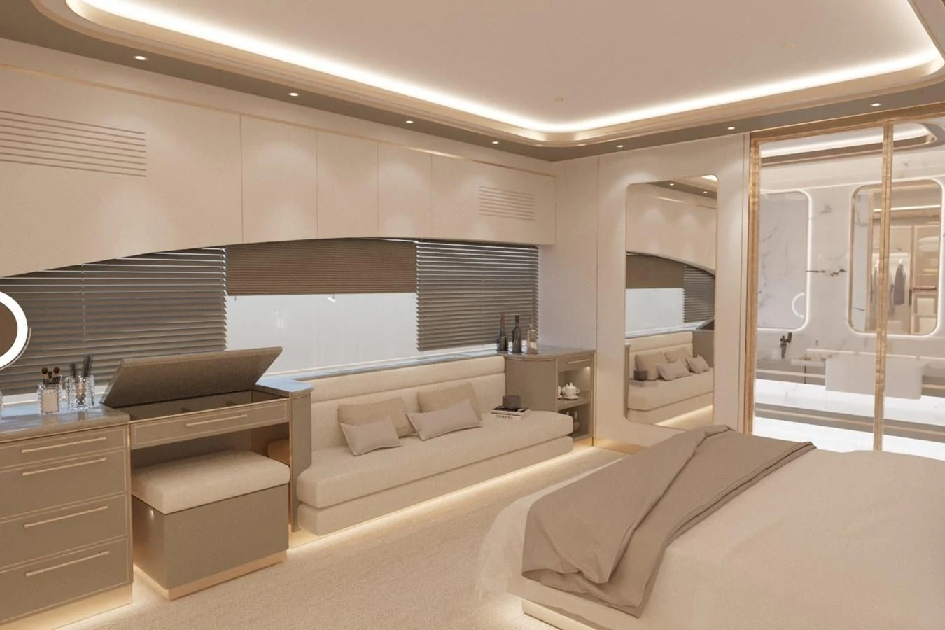 a room with a bed and a desk aboard LION Yacht for Sale