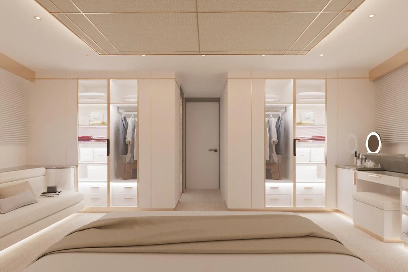 a room with a bed and a mirror aboard LION Yacht for Sale