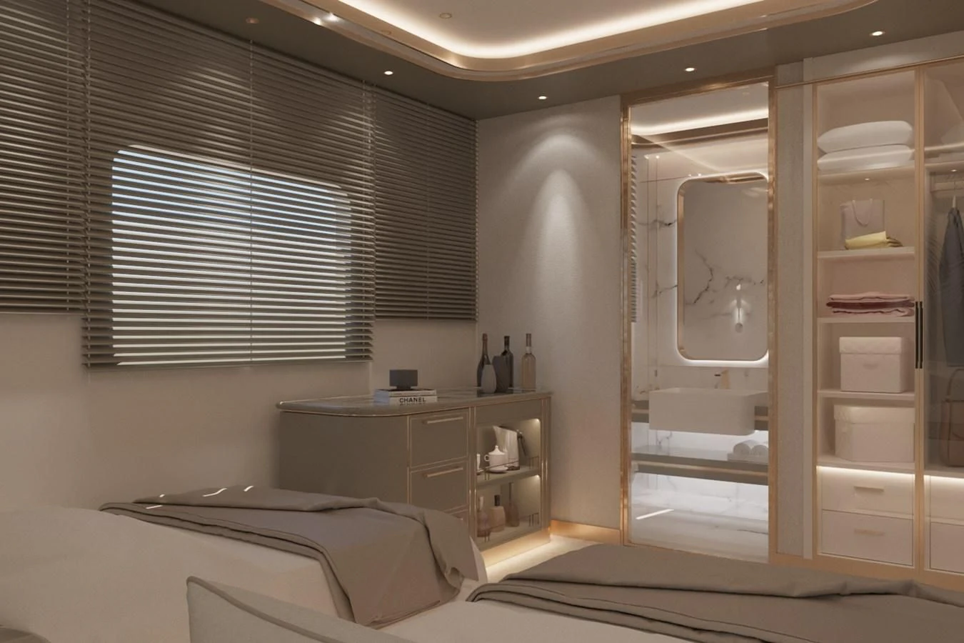 a room with a bed and a desk aboard LION Yacht for Sale