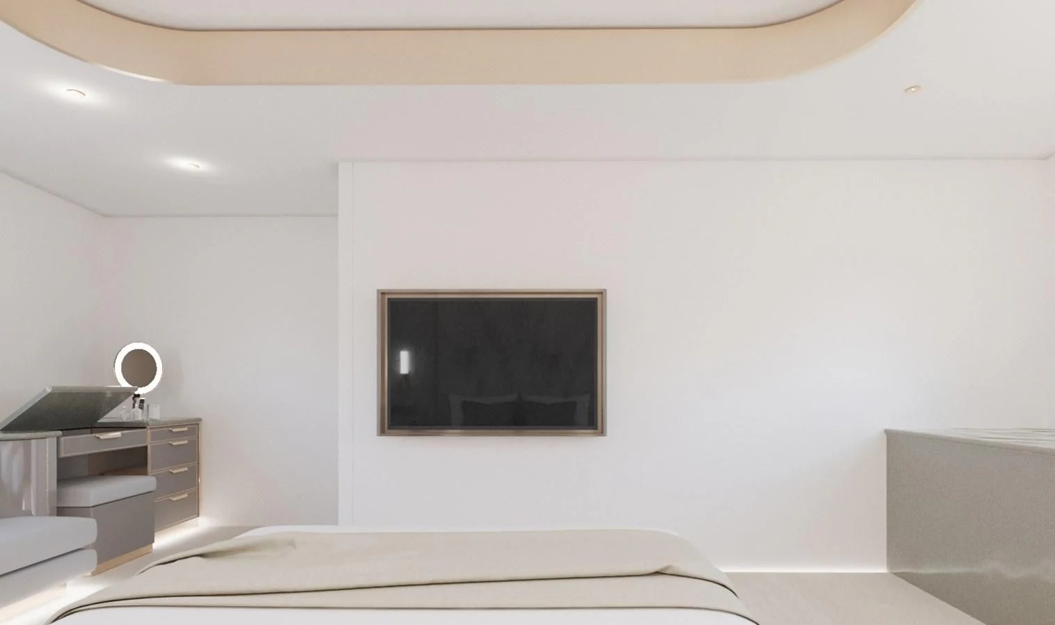 a room with a bed and a desk aboard LION Yacht for Sale