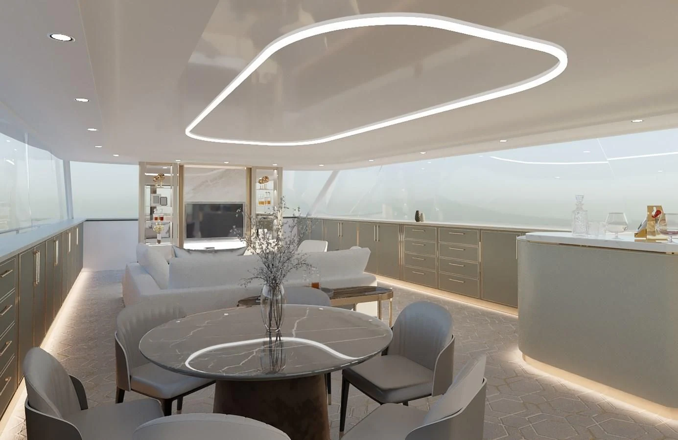 a modern looking living room aboard LION Yacht for Sale