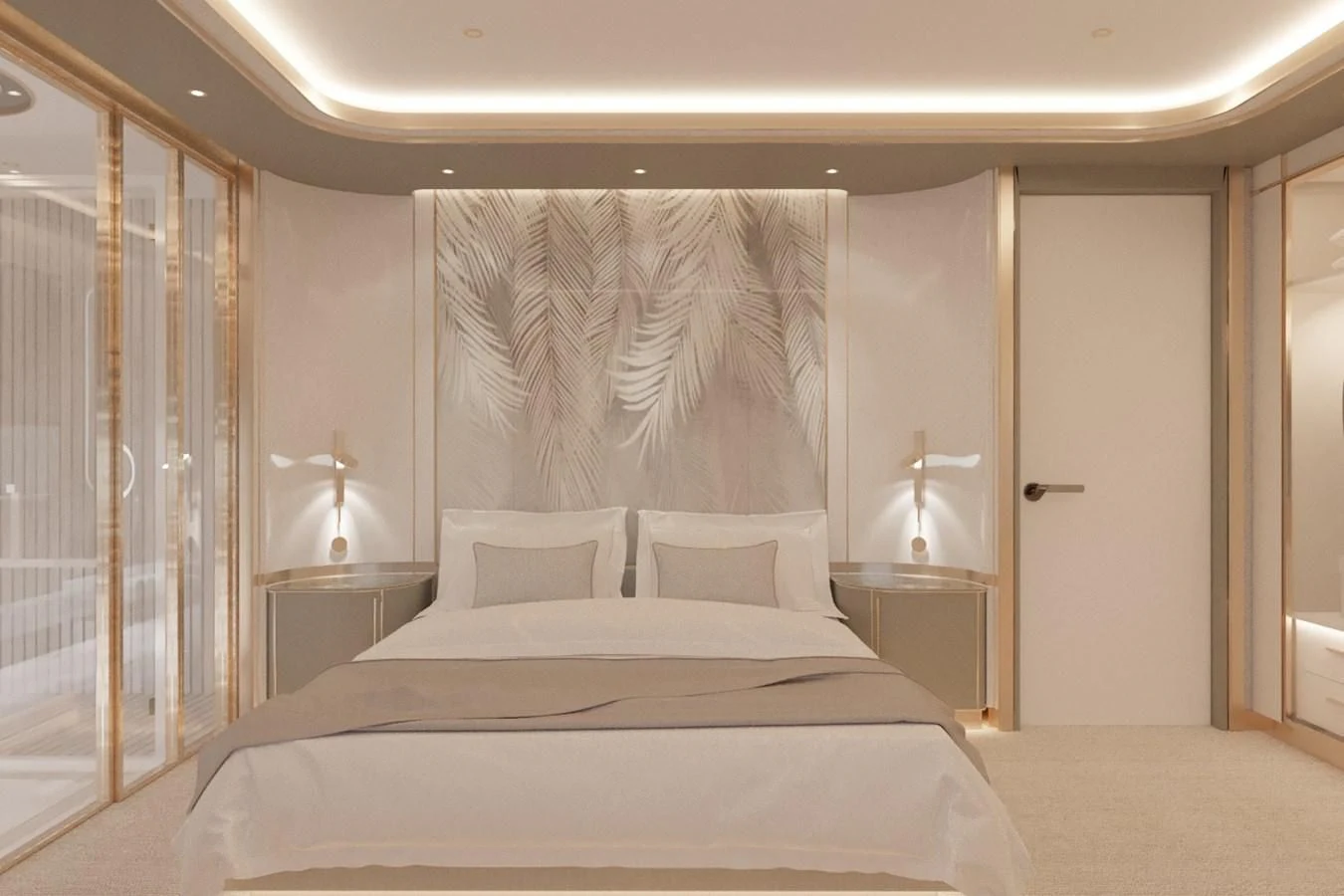 a bed with white sheets aboard LION Yacht for Sale