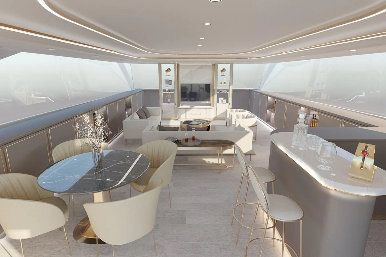 a room with a table and chairs aboard LION Yacht for Sale