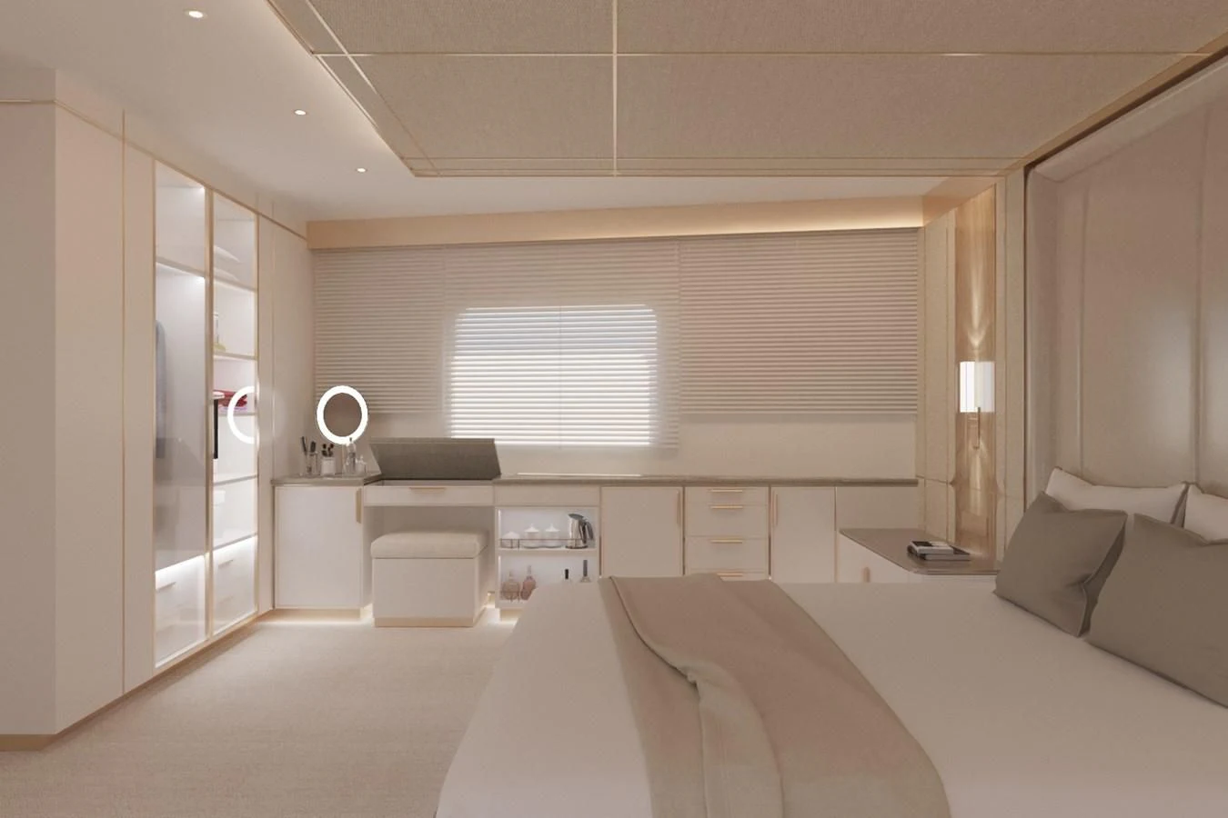 a room with a bed and a desk aboard LION Yacht for Sale