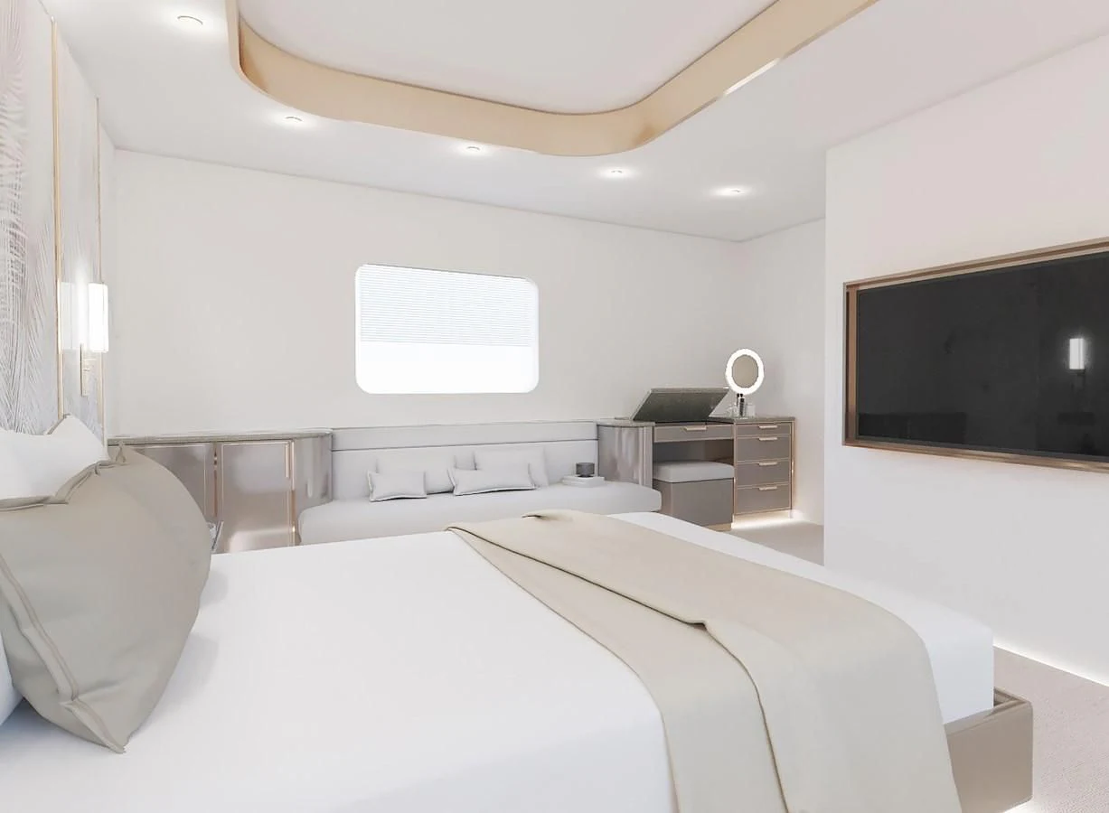 a room with a bed and a television aboard LION Yacht for Sale