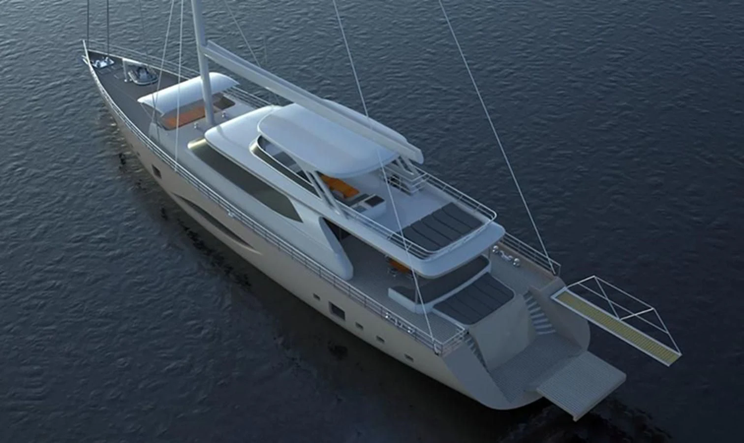 a white boat on the water aboard LION Yacht for Sale