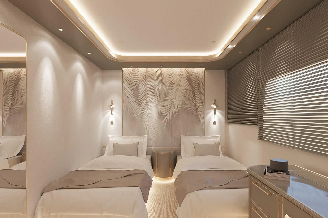 a room with two beds aboard LION Yacht for Sale