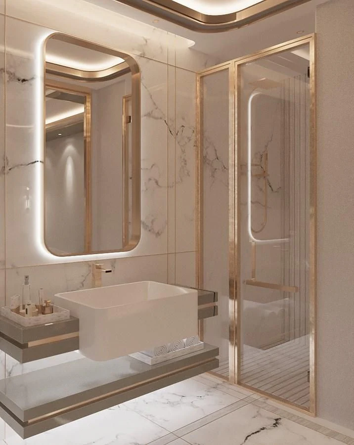 a bathroom with a large mirror aboard LION Yacht for Sale