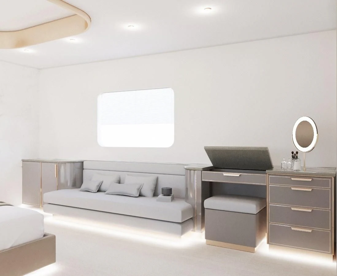 a white bedroom with a black television and white bed aboard LION Yacht for Sale