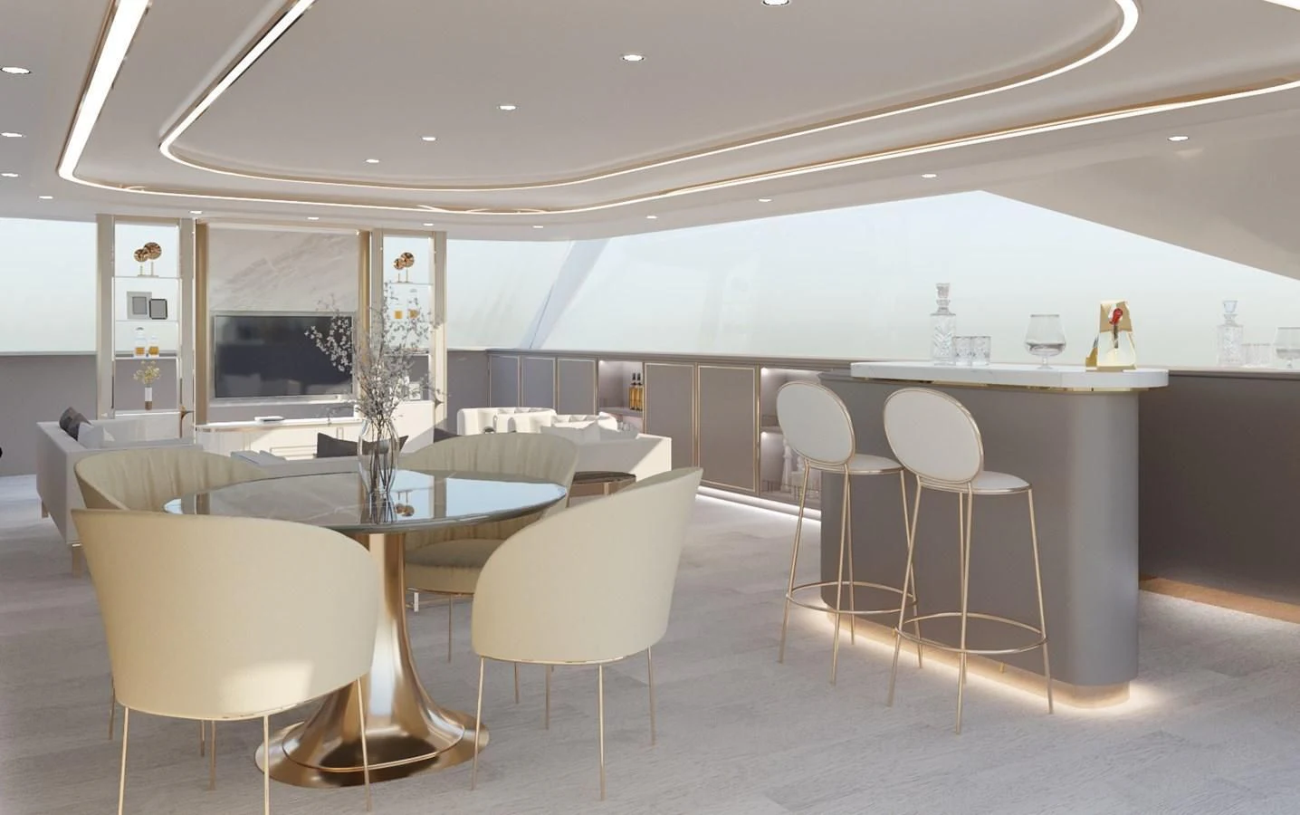 a room with tables and chairs aboard LION Yacht for Sale