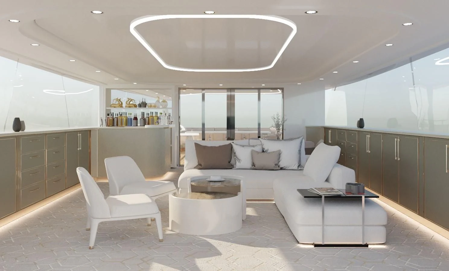a room with a couch and a table aboard LION Yacht for Sale