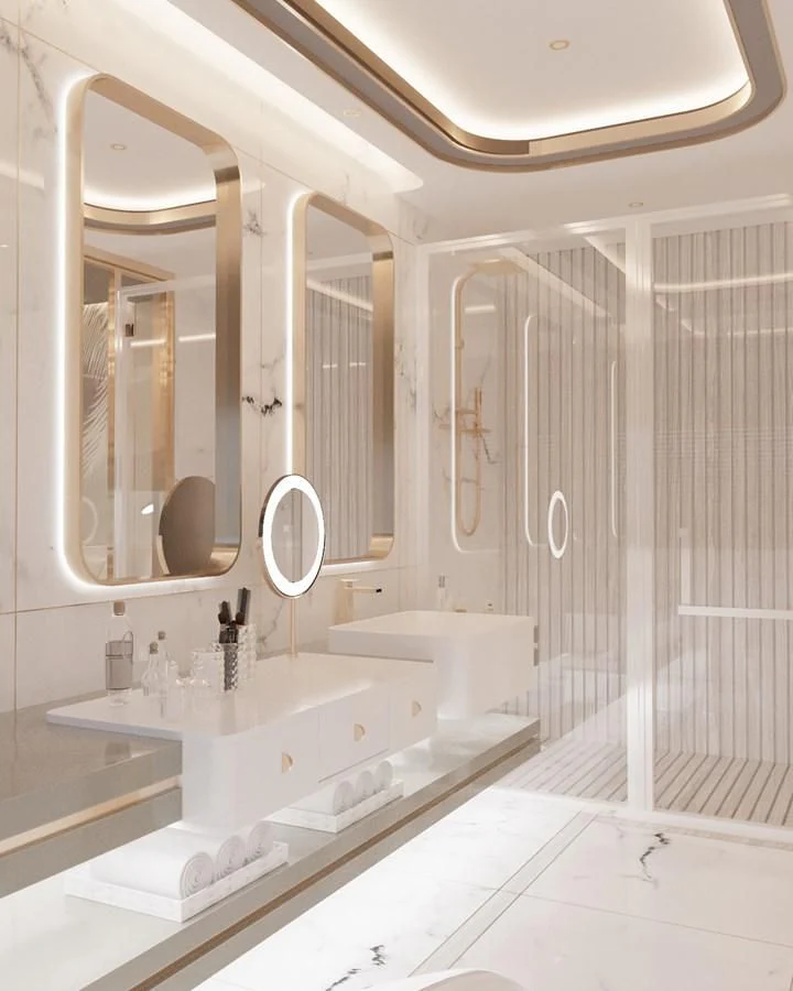 a bathroom with a tub sink and mirrors aboard LION Yacht for Sale