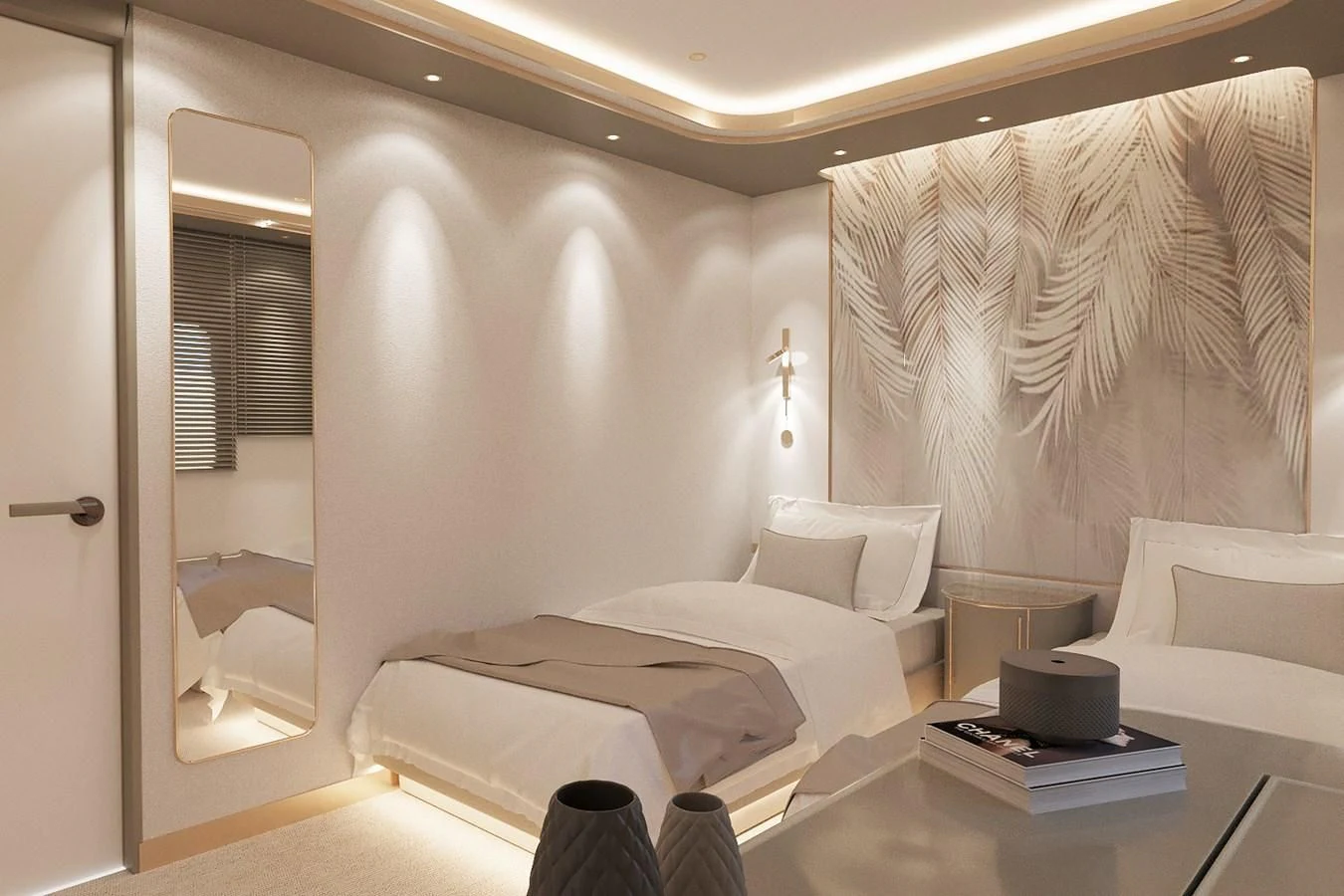 a room with a bed and a mirror aboard LION Yacht for Sale