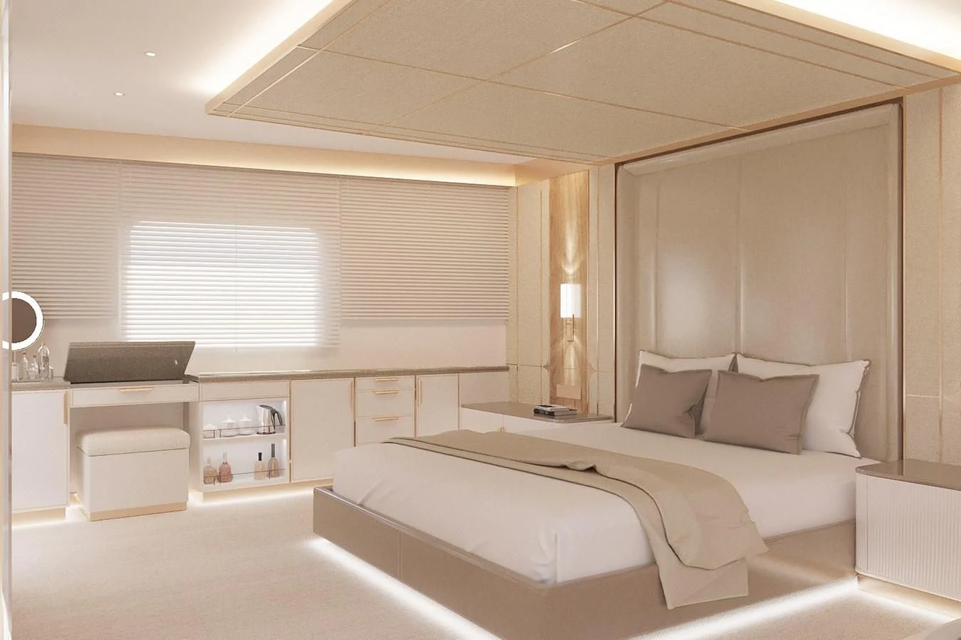 a room with a bed and a desk aboard LION Yacht for Sale