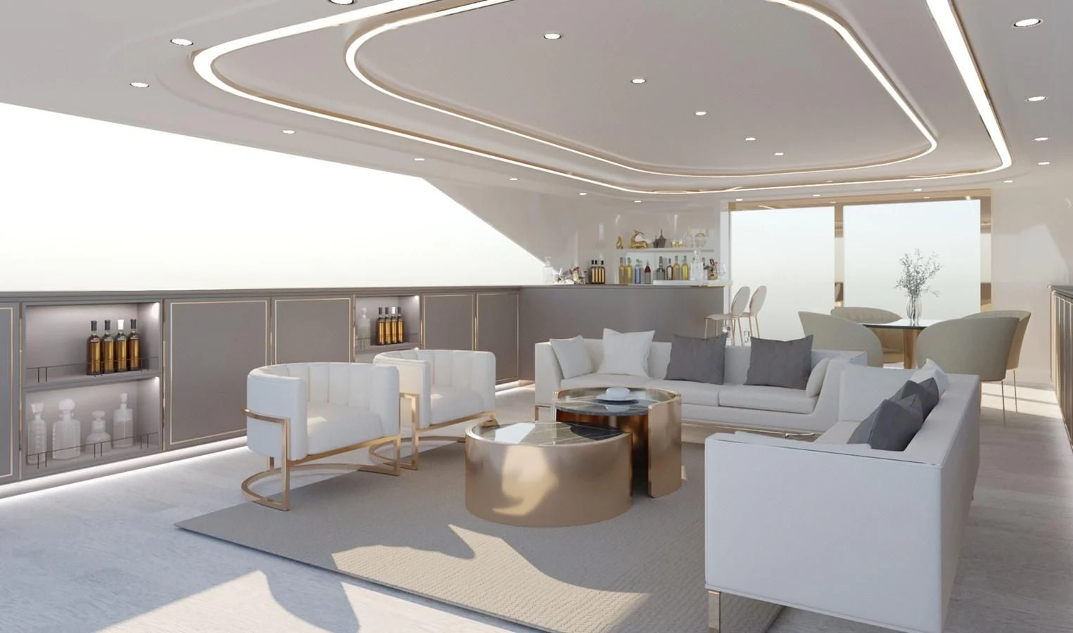 a room with a couch and a table aboard LION Yacht for Sale
