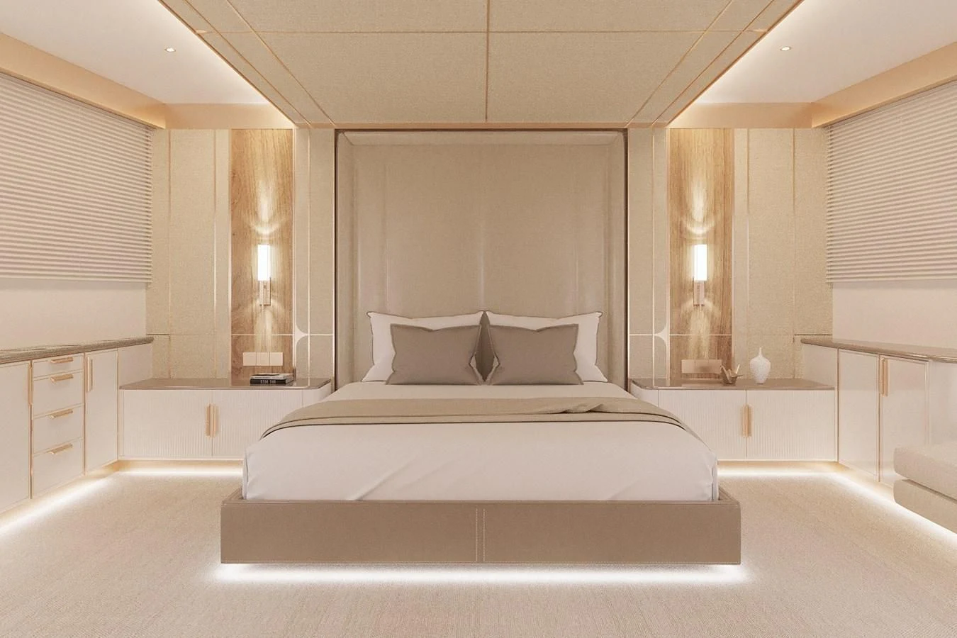 a large white bed in a room aboard LION Yacht for Sale