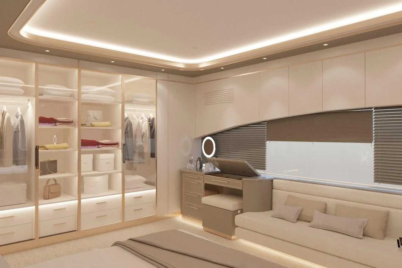 a room with a bed and a shelf with books on it aboard LION Yacht for Sale