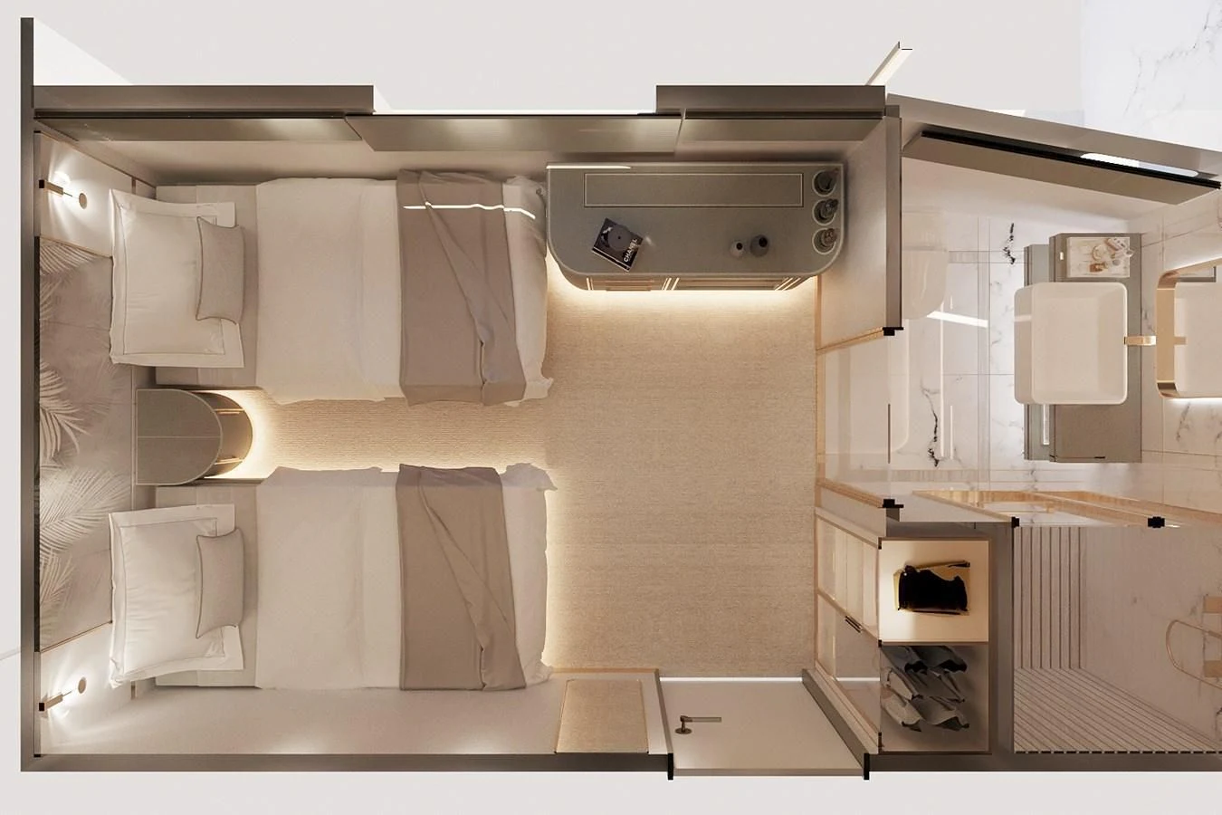 a kitchen with white cabinets aboard LION Yacht for Sale