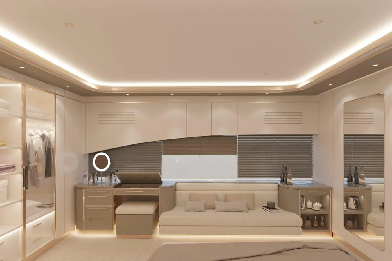a room with a bed and a desk aboard LION Yacht for Sale