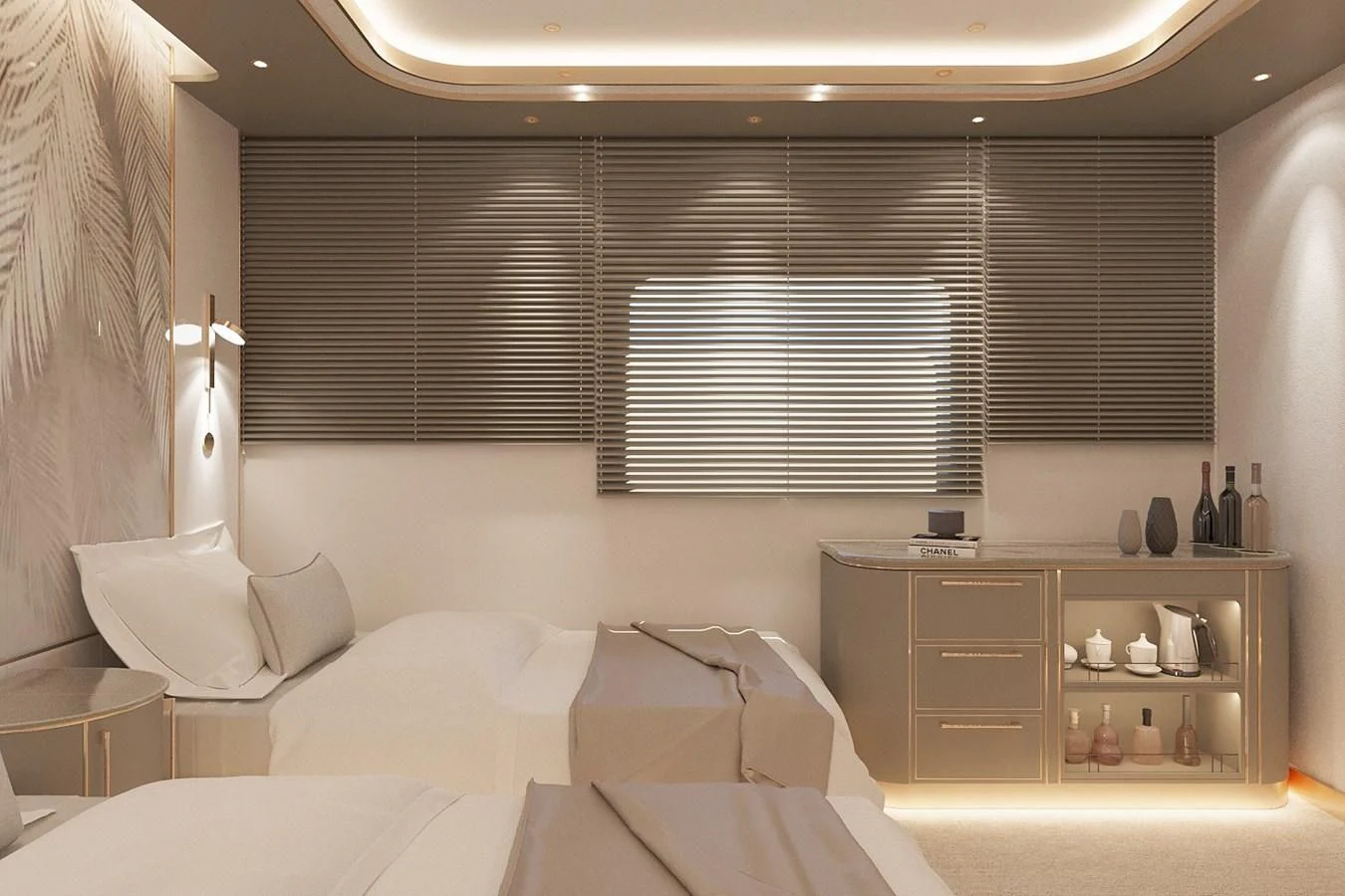 a room with a bed and a shelf with bottles on it aboard LION Yacht for Sale