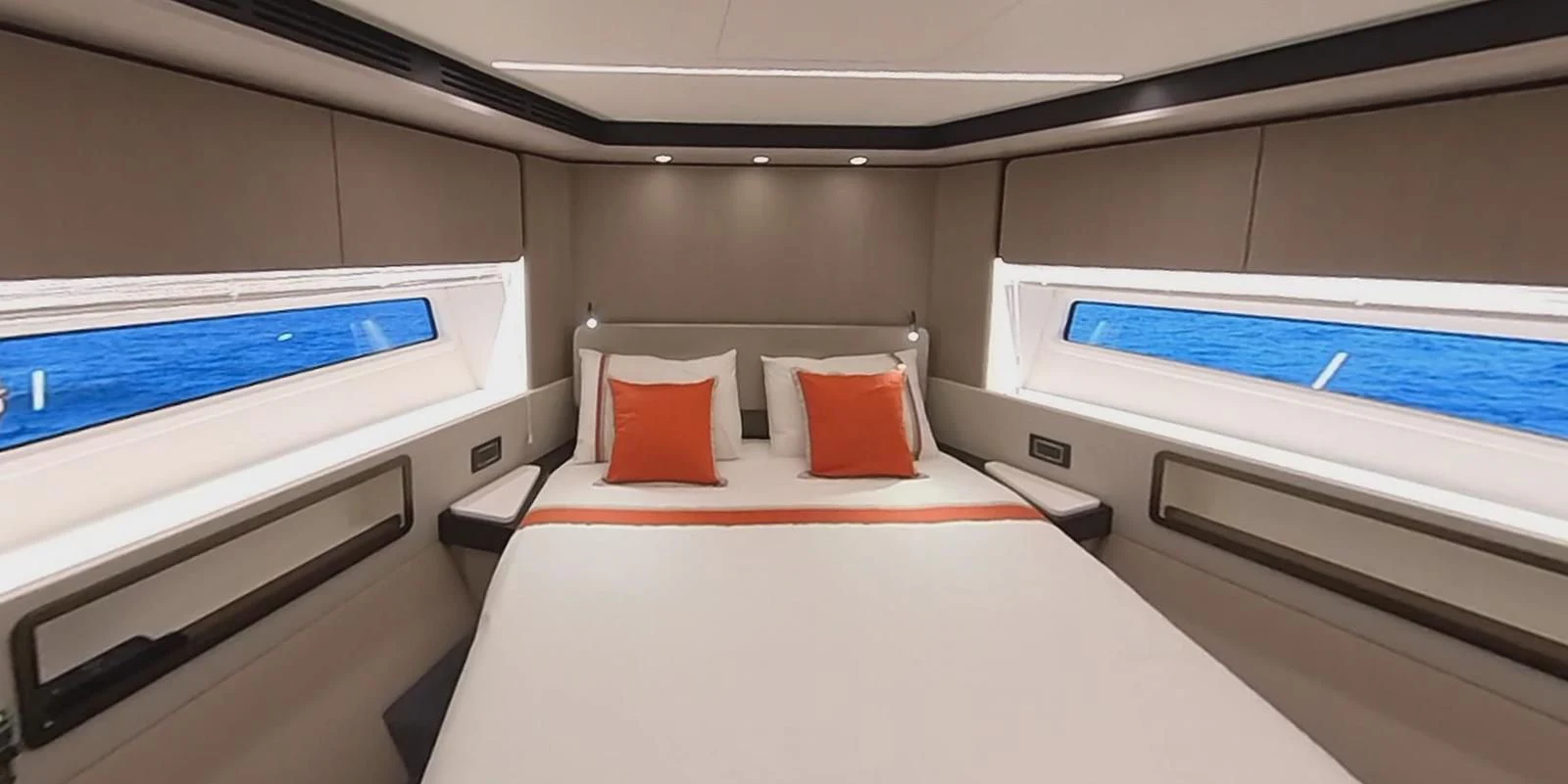 a bed in a room aboard SOLSTICE Yacht for Sale